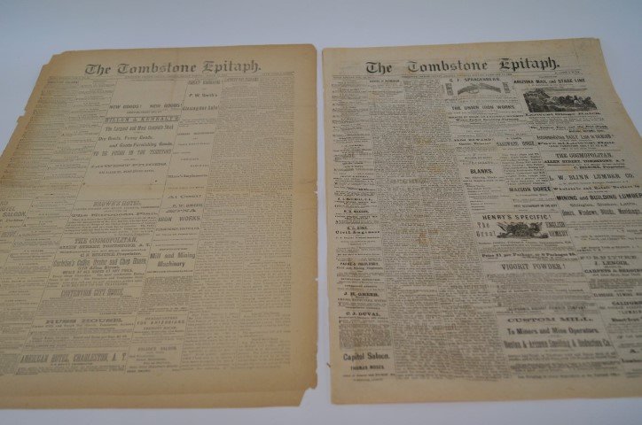 The Tombstone Epitaph (2): March 11th 1881 and February 11th, 1882. Deacidified by Jim Lyons - 1992. This folder is made of polyester for long term preservation. Call Gurnseys for a list of what is contained in these three pape