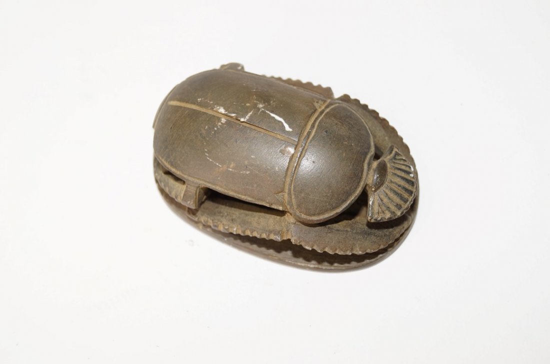 Egyptian Soapstone Scarab: With hieroglyphics. 663-304 B. C. Late Kingdom