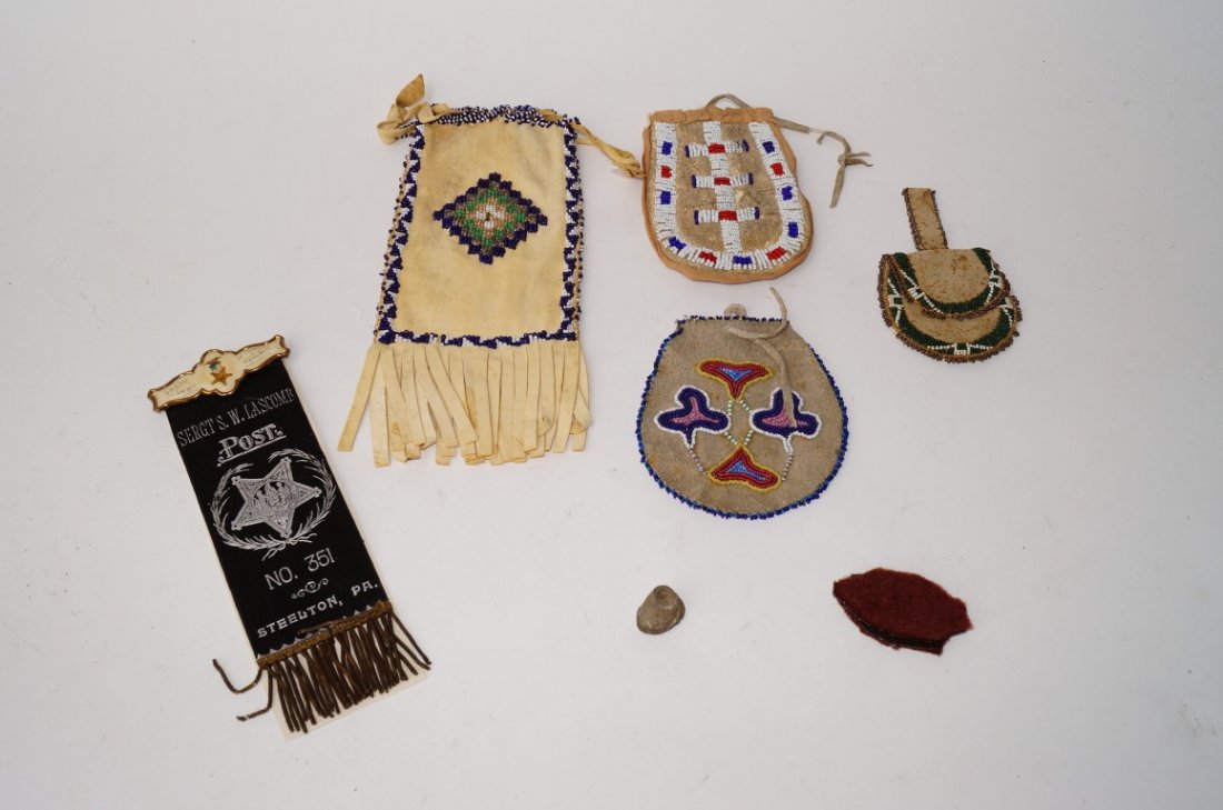 Grand Army of the Republic Ribbon: Grand Army of the Republic pin and ribbon for Post 351 Steelton, Pa. Included in the lot are several Indian beaded pouches (5). In a display case. Ribbon is 8 1/4" H.