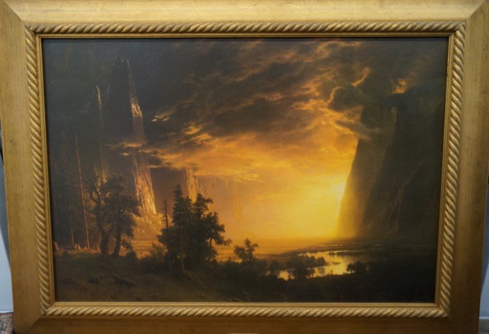 Western Scene after Bierstadt: "Sunset in the Yosemite Valley,1868" after a painting by Albert Bierstadt 1830-1902. On canvas. Giclee. Gallery framed.