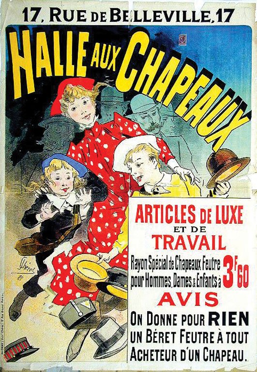 Halle aux Chapeaux: Chéret, Jules, 1888. 49.2 x 34.7 in / 125.2 x 88.2 cm. Imp. Chaix Cond. C+ / P / Visible Tears, Ragged Edge