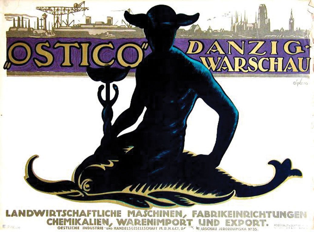 Ostico Danzig-Warschau: Gipkens, Julius, c. 1914. 27.5 x 37.4 in / 69.9 x 95.2 cm. Imp. Hollerbaum und Schmidt Dix und Co. Cond. B+ / P / Ragged Edge