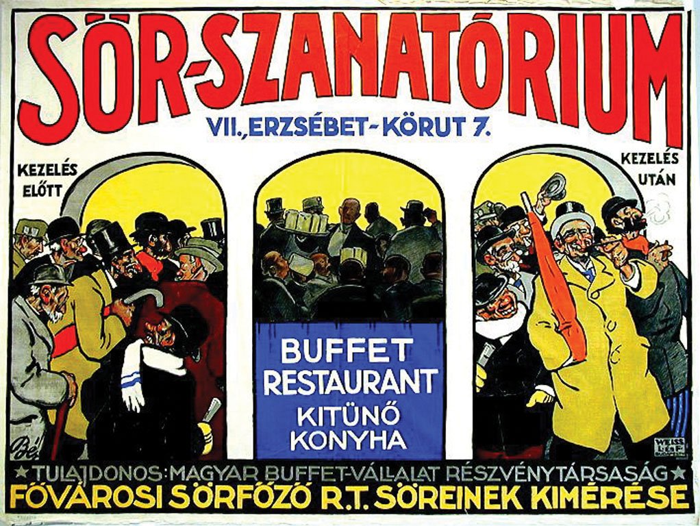 Bier-Sanatorium / Restaurant: Bér, Dezsö, 1910 - 1920. 37.4 x 49.5 in. / 95.1 x 125.8 cm. Imp. Weiss, L. és F.. Cond. B- / P / Ragged Top Edge