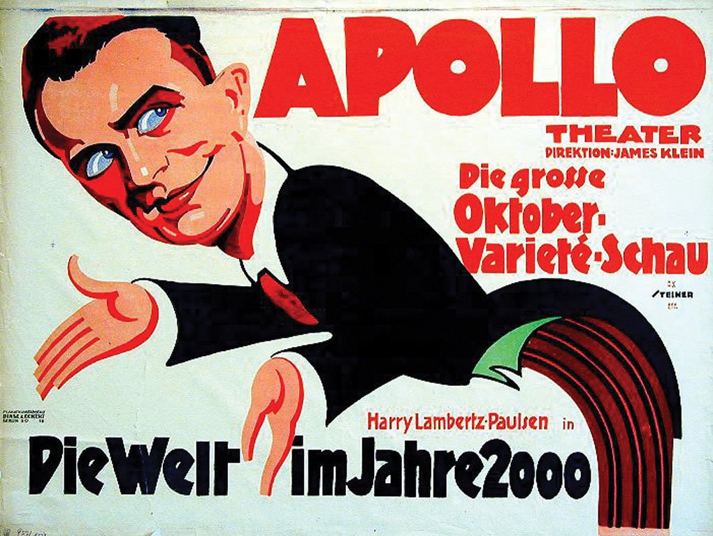Apollo / Die Welt im Jahre 2000: Steiner, Bernd , c. 1919. 28.4 x 37.5 in. / 72.3 x 95.3 cm. Imp. Dinse und Eckert RUKA Steiner (Reklame- und Kunstatelier). Cond. B- / P / Visible Tear