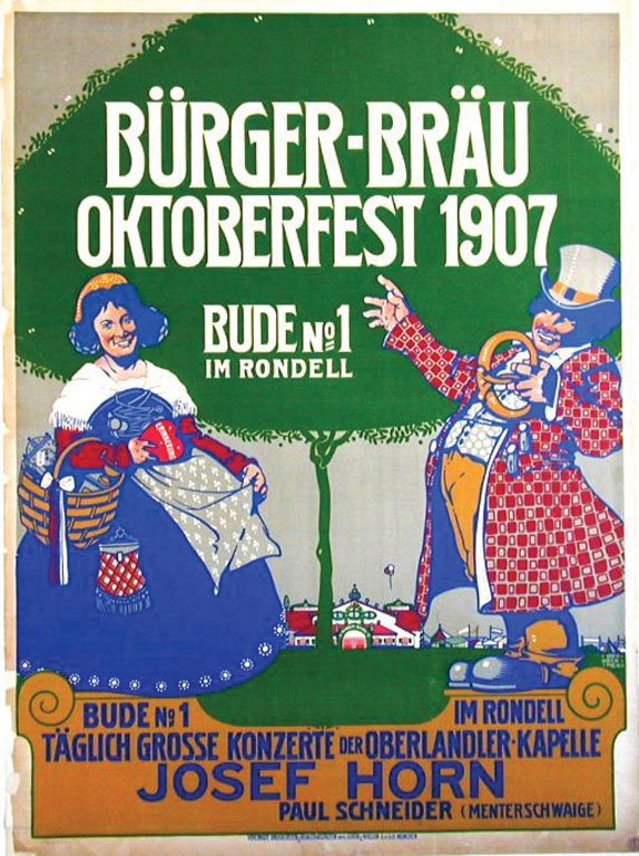 Bürger-Bräu / Oktoberfest 1907: Obermeier, Otto, 1907. 49.2 x 36.2 in. / 125.1 x 92.1 cm. Imp. Vereinigte Druckereien und Kunstanstalten. Cond. B / R* / JP / Ragged Edges, Visibly Restored