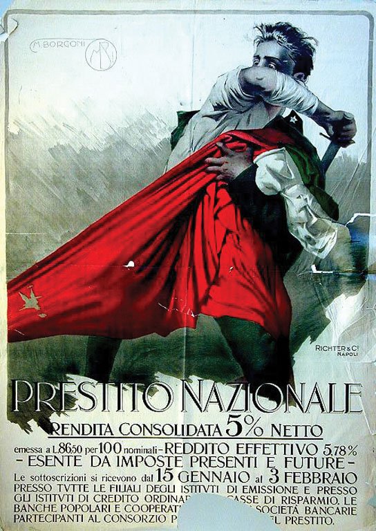 Prestito Nazionale: Borgoni, Mario, 1916 - 1918. 55.1 x 39.1 in. / 140 x 99.5 cm. Imp. Richter e Co.. Cond. C / P / Visible Tear