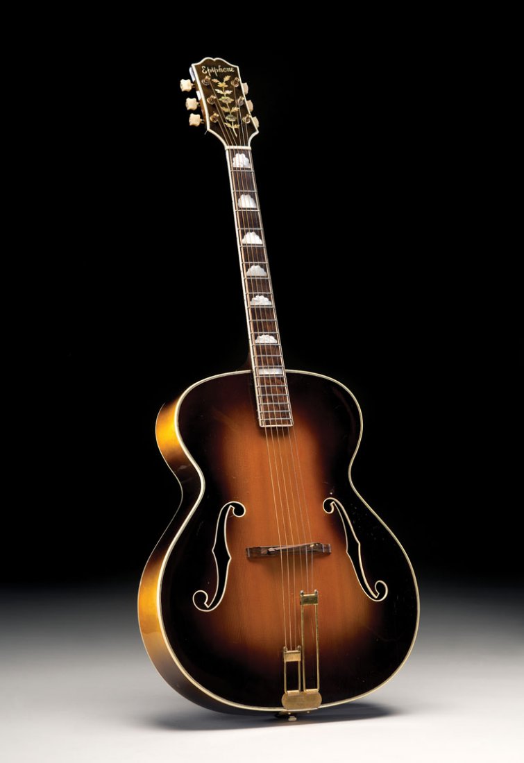 1947 Epiphone De Luxe: Although the Emperor overshadowed Epiphone’s De Luxe model, the De Luxe remained a popular choice both for its lower price and slightly smaller 17 3/8-inch body width, which is more comfortable to p