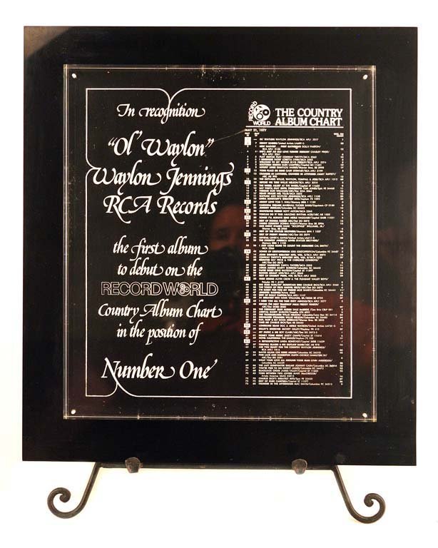 Ol' Waylon, the first album to debut on the Record: Record World in recognition of Ol' Waylon, first album to debut on the Record World Country Album Chart. Multi-layer lucite. 18" x 16".
