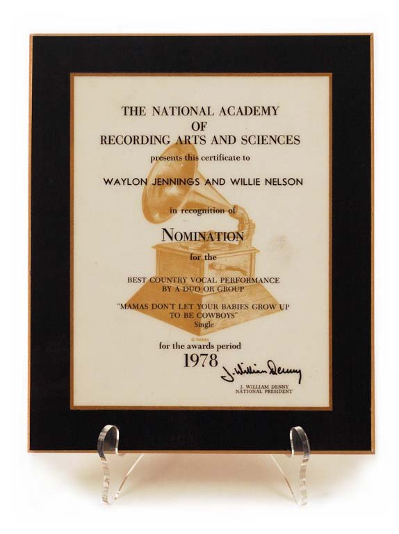 Nomination Plaque for "Mamas Don't Let Your Babies Grow: The National Academy of Recording Arts and Sciences nomination plaque, nominating Waylon Jennings and Willie Nelson for Best Vocal Performance By A Duo or Group, for “Mamas Don't Let Your Babies Gro