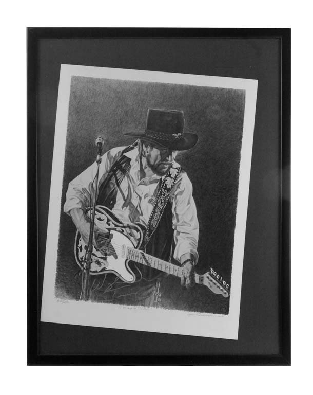 "Image of the Man" Limited Edition Pencil Portrait: "Image of the Man." Limited edition pencil portrait of Waylon Jennings on stage, created by artist James L. Branscum and signed in pencil by him. Importantly, this print is signed in marker by Waylon 