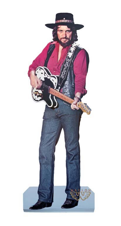 Full Body Stand-up Display of Waylon Jennings: 61-inch full body stand-up cardboard display photograph of Waylon. Used as promotional material in record stores. Created to fold in half for shipping. **The legendary custom Fender Telecaster feature