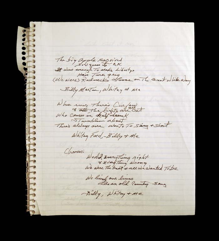 Mead Spiral-bound Tablet of Handwritten Lyrics from: Mead spiral-bound paper tablet. Page 3 contains Waylon's handwritten lyrics shortly following the 9/11 World Trade Center tragedy and shortly preceding Waylon's death on February 13, 2002. Lyrics read