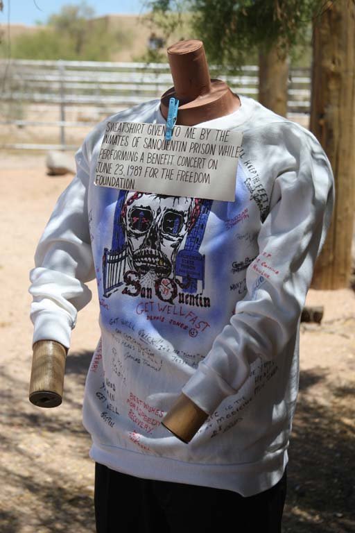 Signed Sweatshirt Given to Waylon by the Inmates at San: Sweatshirt given to Waylon by inmates at San Quentin Prison for performing a concert on June 23, 1989 for the Freedom Foundation. Sweatshirt signed by inmates. The sign accompanying this sweatshirt wa