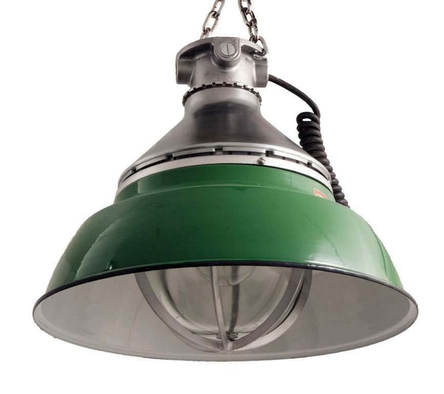 (2) CROUSE-HINDS INDUSTRIAL LAMP ON A FLUSH MOUNT, C.: (2) CROUSE-HINDS INDUSTRIAL LAMP ON A FLUSH MOUNT, C. 1940. Each modern light by Crouse-Hinds is made of cast aluminum and features the original green enamel shade. The lights have been restored and p