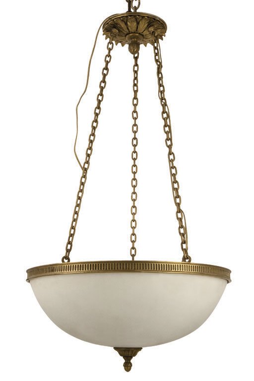 FROSTED GLASS BOWL FIXTURES WITH ORNATE CANOPY, C. 1940: These elegant frosted glass bowl light fixtures are suspended by three chains. The chains are connected to a canopy that is decorated with a medallion of feathery leaves. Restored. H 36" x Dia. 20"
