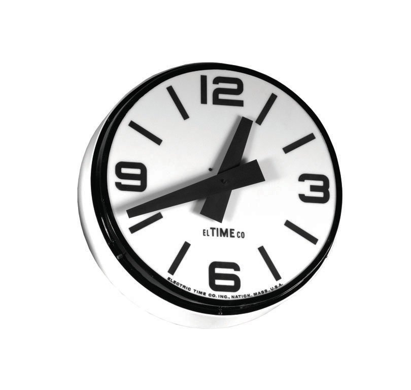 ELECTRIC TIME COMPANY CLOCK C. 1950: The Electric Time Company of Massachusetts has been in operation making custom clocks since the early 1900s. This illuminated round wall clock has large, bold hands and bears the manufacturer's mark.