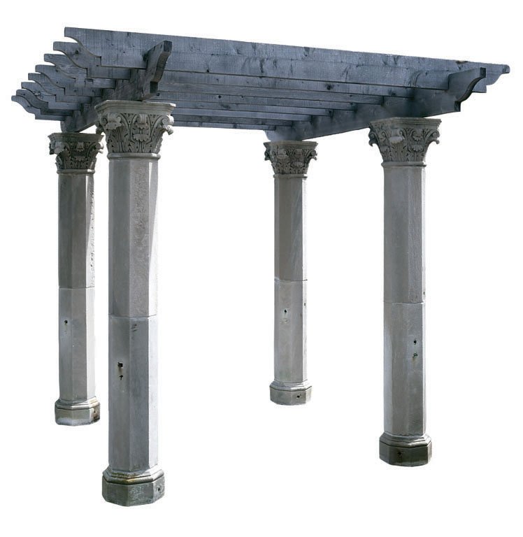 FIVE (5) CARVED LIMESTONE COLUMNS, C. 1920: Each carved hexagonal limestone column features an ornate capital decorated with contemporary arbor. The columns can be adjusted to stand between 8-12 ft high. American. Columns: H 38.5" x Dia. 11"; B