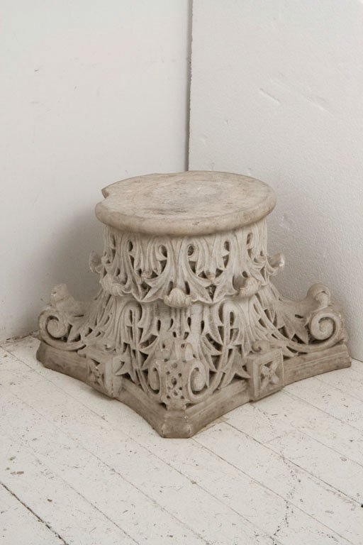 CARRARA MARBLE CAPITAL: Handcarved in a Gothic Revival style from Carrara marble, this intricate capital was salvaged from a townhouse on Madison Avenue. Slightly chipped. H 11" x W (top) 15.5" x D 11"