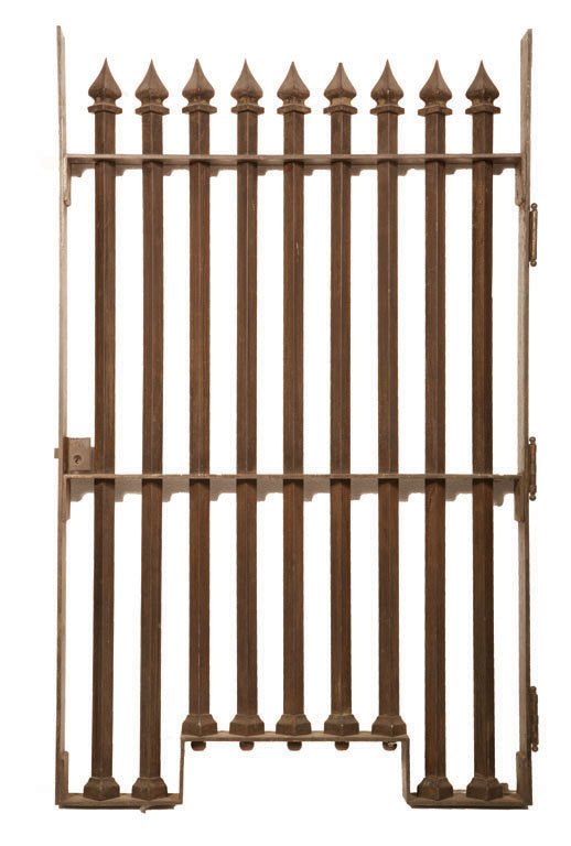 TELLER CAGE, EARLY 20TH CENTURY: Hailing from either a bank or post office,this teller cage features nine iron posts of two different heights joined together by two cross bars. The five shorter posts stand in the center of the gate a
