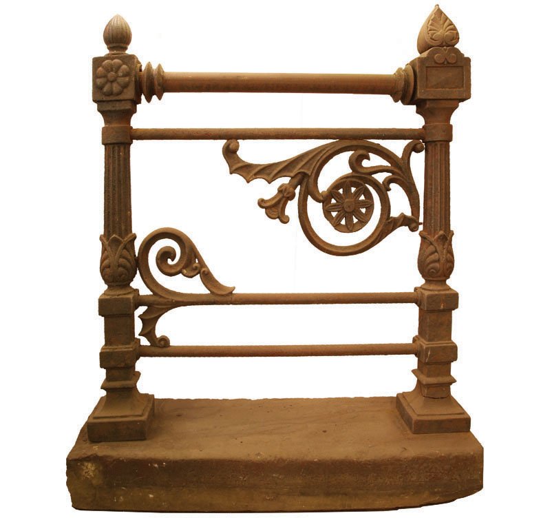 CAST IRON RAILING, C. 1880: This Gothic Revival railing made from cast and wrought iron is still attached to the brownstone stoop it came from when it was salvaged from the East Village. Damaged. H 46" x W 39"