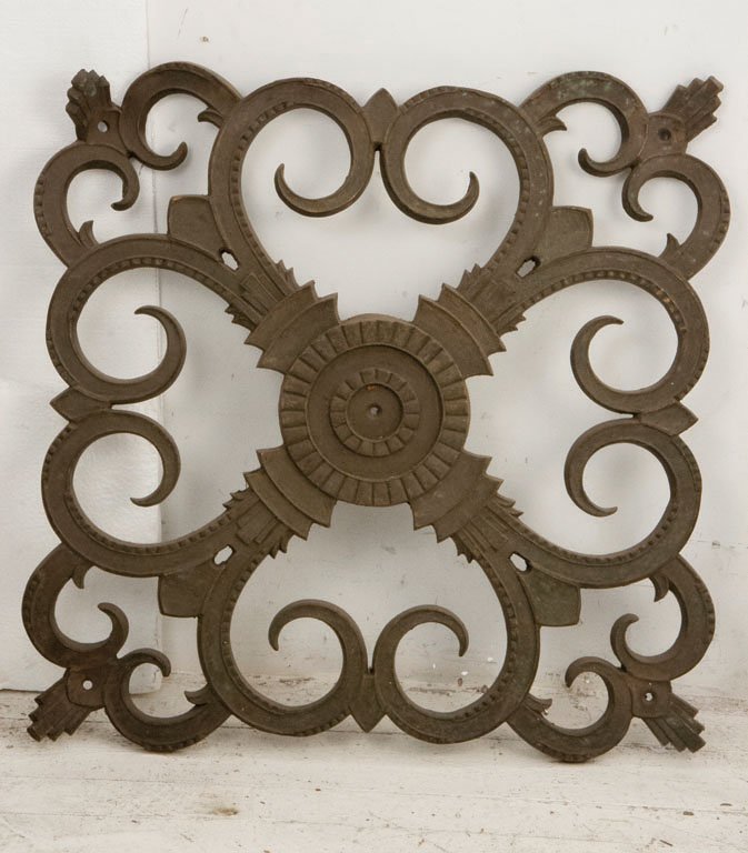 (2) EDGAR BRANDT SQUARE MEDALLIANS (ORNAMENTS) C. 1930: These decorative wall ornaments originally adorned the exteriors of three New York City buildings. They were crafted in New York during Edgar Brandt’s short stay in the city. Each are stamped with t