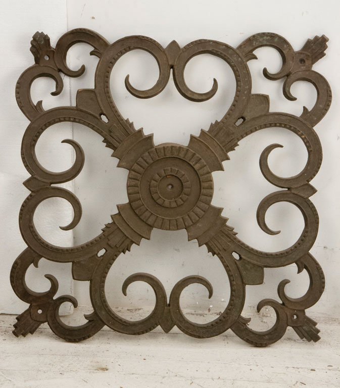 (2) EDGAR BRANDT SQUARE MEDALLIANS (ORNAMENTS) C. 1930: These decorative wall ornaments originally adorned the exteriors of three New York City buildings. They were crafted in New York during Edgar Brandt’s short stay in the city. Each are stamped with t