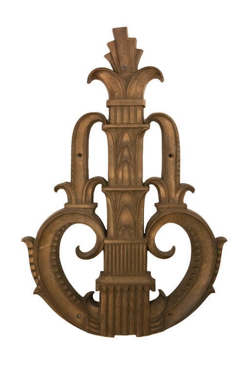 (1) EDGAR BRANDT WATERFALL WALL ORNAMENT, C. 1920-1930: Salvaged from a New York building, this wall ornament is stamped “Ferro Brandt," the name of Edgar Brandt’s New York firm. This decorative wall ornament echos the shape of a fountain, one of Edgar