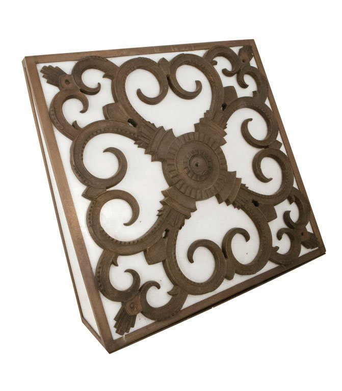 (2) SQUARE EDGAR BRANDT WALL ORNAMENT LIGHTS: These square brass decorative element originally made by Brandt to decorate a wall has been repurposed by Urban Archaeology. Each serpentine fretwork is presently mounted on a square contemporary ligh