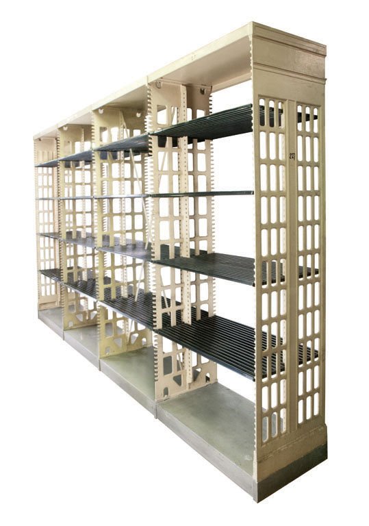 (1) LIBRARY SHELVING UNITS EACH CONTAINING FOUR SECTIO: Designed by Bernard R. Green, Chief Engineer of Snead and Company Iron Works, these cast iron book stacks were the solution for high-volume library shelving. Since its original patent in 1875, the Sne