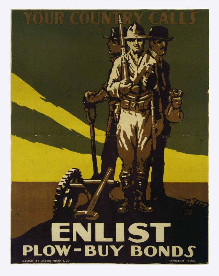 Enlist Plow-Buy Bonds: Lloyd Myers / Design by Albert Frank & Co. 26"x20" USA BT, OF Col. McCrahon Poster Collection Condition Guide BT- Borders Trimmed C- Creased F- Faded