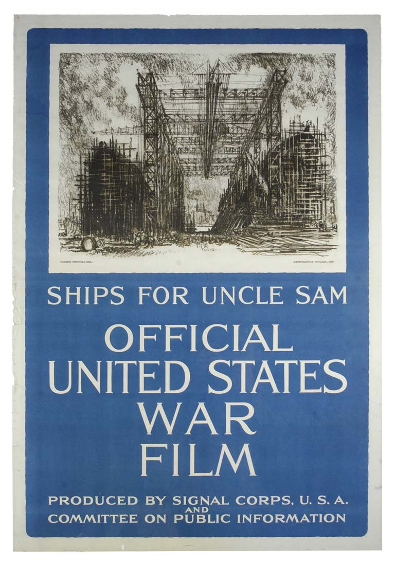 Official United States War Film: Joseph Pennell 41"x28" USA OF, VT-B, RE-L Col. McCrahon Poster Collection Condition Guide BT- Borders Trimmed C- Creased F- Faded Color