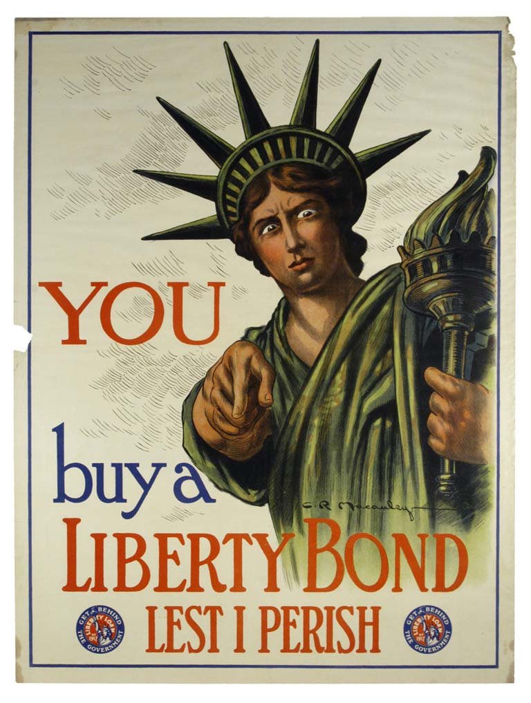 YOU buy a Liberty Bond Lest I Perish: C.R. Macauley 40"x30" USA BT, OF, PM-L, RE-TR, SS-BL,BR Col. McCrahon Poster Collection Condition Guide BT- Borders Trimmed C- Creased F- Faded Color