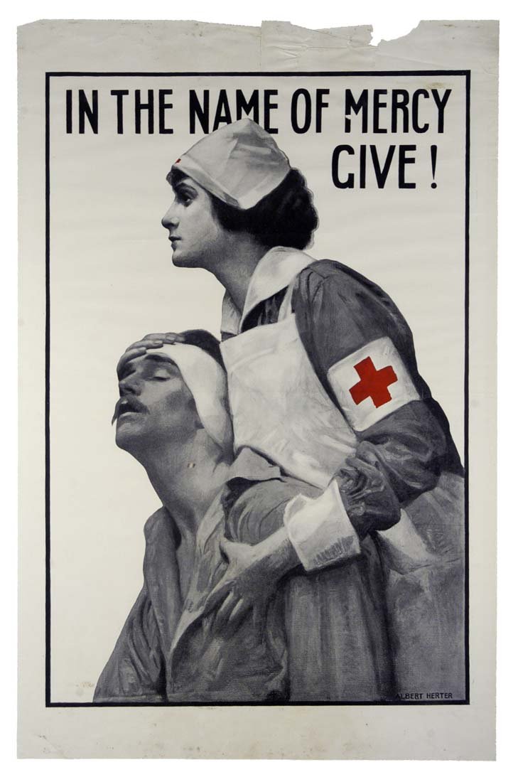 In the Name of Mercy Give!: Albert Herter 38"x25" USA OF, PM-T, VT-T,B, SS-B, All significant damage is in the trimmable area, outside of the content. Col. McCrahon Poster Collection Condition Guide BT- Borders Trimmed <