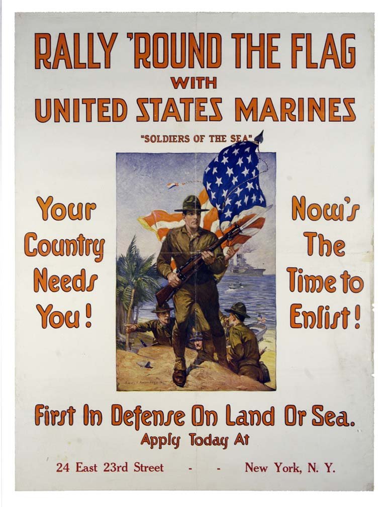 Rally 'Round the Flag: Sidney H. Riesenberg 40"x30" USA BT, OF, RE-R, ST-T, Slight water damage in center has weakened paper. Col. McCrahon Poster Collection Condition Guide BT- Borders Trimmed C- C
