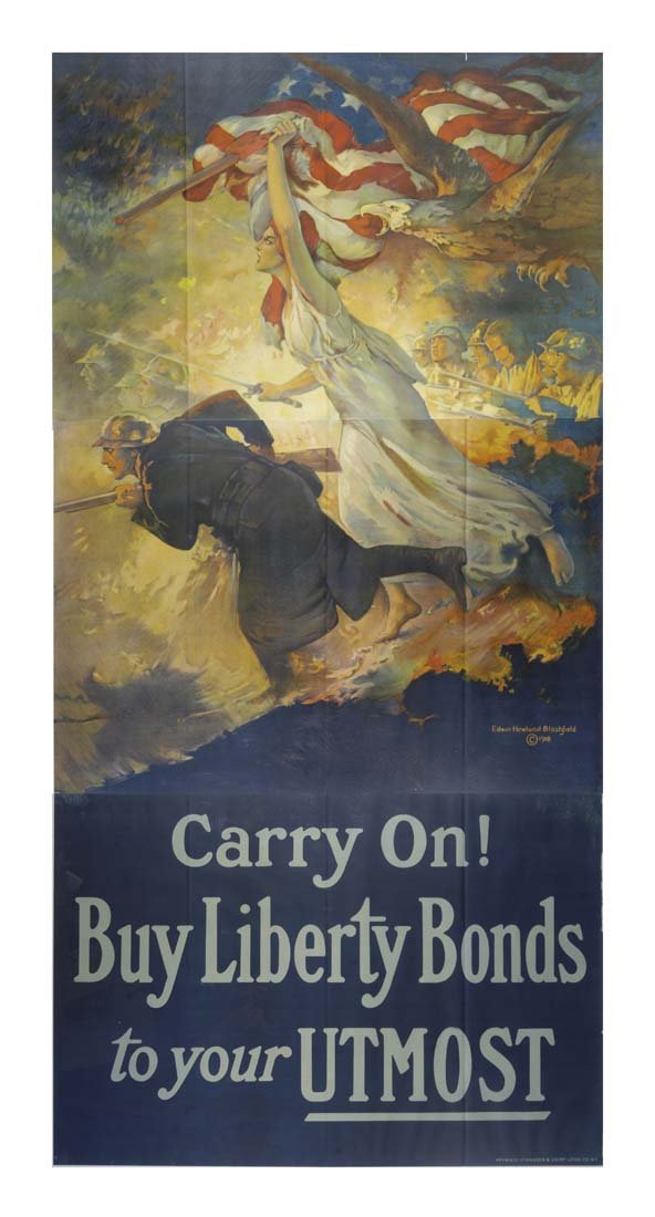 Carry On!: Edwin Howland Blashfield 78"x39" USA OF, ST-T, along folds, Three sheet, not joined. Col. McCrahon Poster Collection Condition Guide BT- Borders Trimmed C- Creased