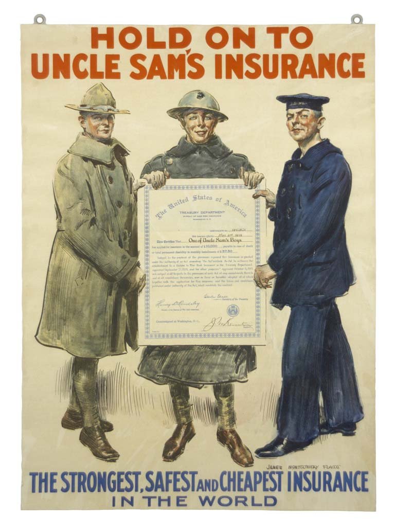 Hold On To Uncle Sam's Insurance: James Montgomery Flagg 27.5"x20" USA BT,LB,PC Col. McCrahon Poster Collection Condition Guide BT- Borders Trimmed C- Creased F- Faded Color