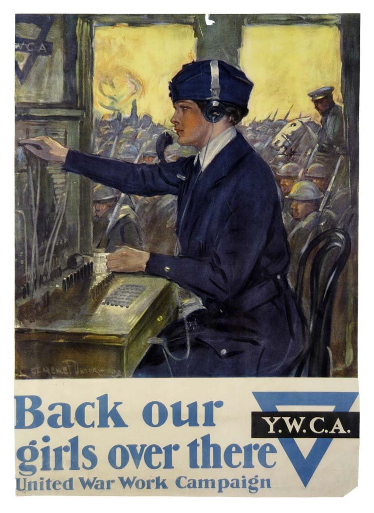 Back Our Girls Over There, Y.W.C.A.: Clarence Underwood 25"x18" USA BT,VT-T,RC-BR Col. McCrahon Poster Collection Condition Guide BT- Borders Trimmed C- Creased F- Faded Color <
