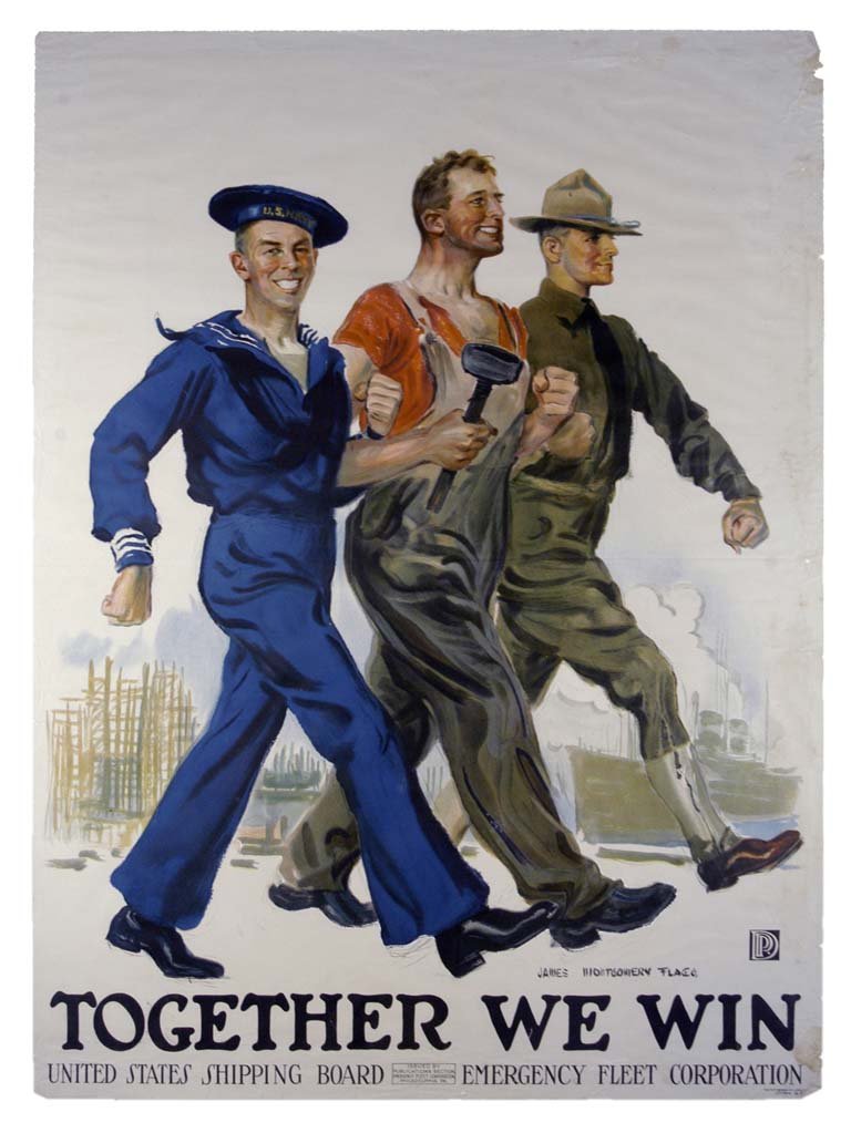 Together We Win: James Montgomery Flagg 39"x29" USA OF, RE-R,B, Slight water damage to right. Although bottom and right edges look rough & have various tears, when pressed behind glass the damage is barely visible. Co