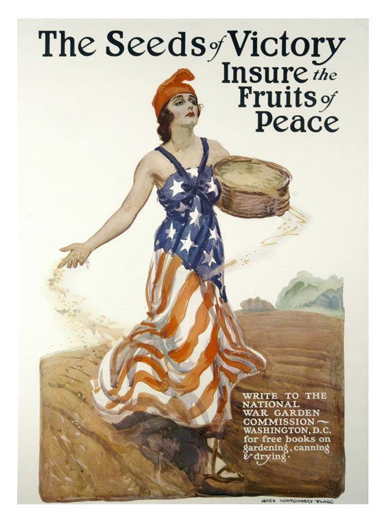 The Seeds of Victory Insure the Fruits of Peace: James Montgomery Flagg 30"x22" USA BT,OF Col. McCrahon Poster Collection Condition Guide BT- Borders Trimmed C- Creased F- Faded Color