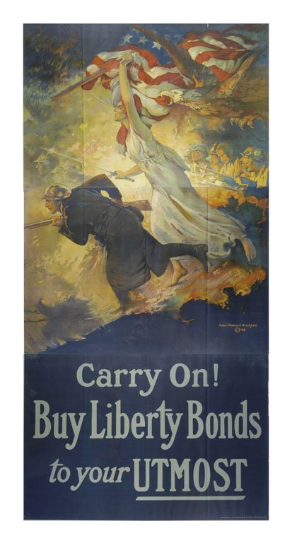 Carry On!: Edwin Howland Blashfield 78"x39" USA OF, ST-T, along folds,Three sheet, not joined. Col. McCrahon Poster Collection Condition Guide BT- Borders Trimmed C- Creased