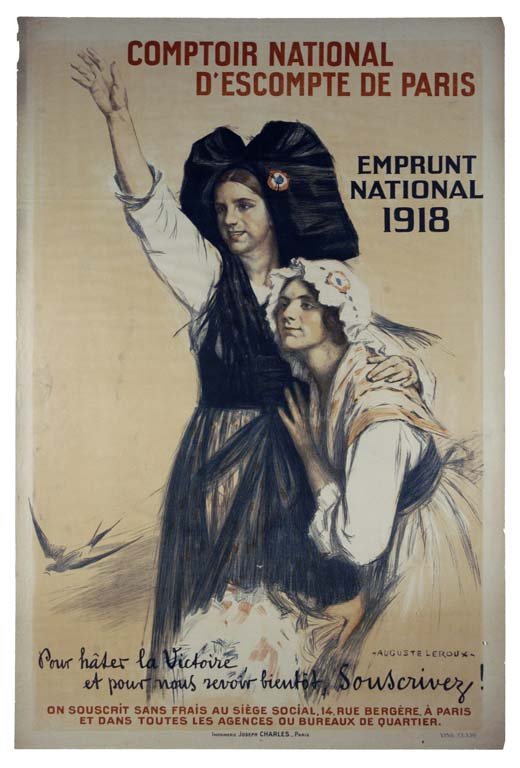 Comptoir National D'Escompte de Paris: Auguste Leroux 47"x32" France OF,ST-TL,L, 12" vertical tear on right side along border, invisible when pressed. Col. McCrahon Poster Collection Condition Guide BT- Borders Trimmed C-