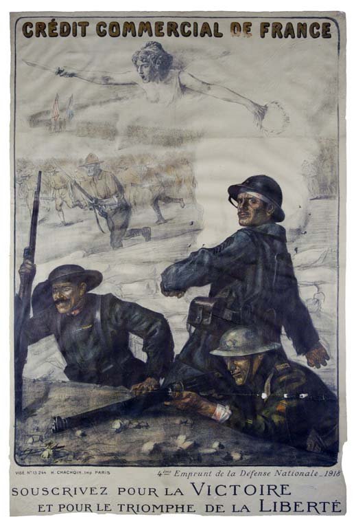 Credit Commercial de France: Lucien Jonas 46"x30.5" France BT, OF, LB, VT-R, LM, Holes in linen in spots, bottom edge unevenly trimmed. Owners stamp in blue near bottom: H.A. Marsh Col. McCrahon Poster Collection Condition Guide