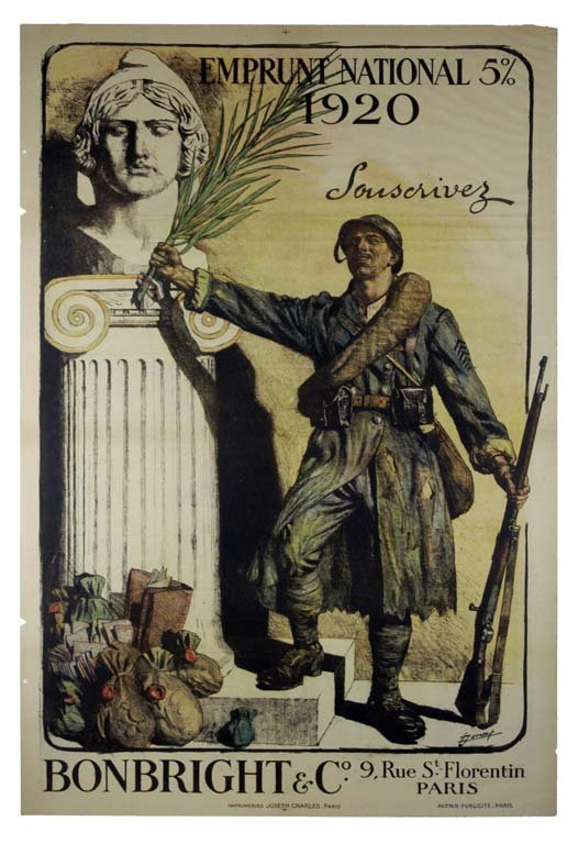 Emprunt National 5%: Lucien Jonas 47"x31" France BT,OF,ST-T, Holes punched and small triangle trims on left edge. Col. McCrahon Poster Collection Condition Guide BT- Borders Trimmed C- Creased