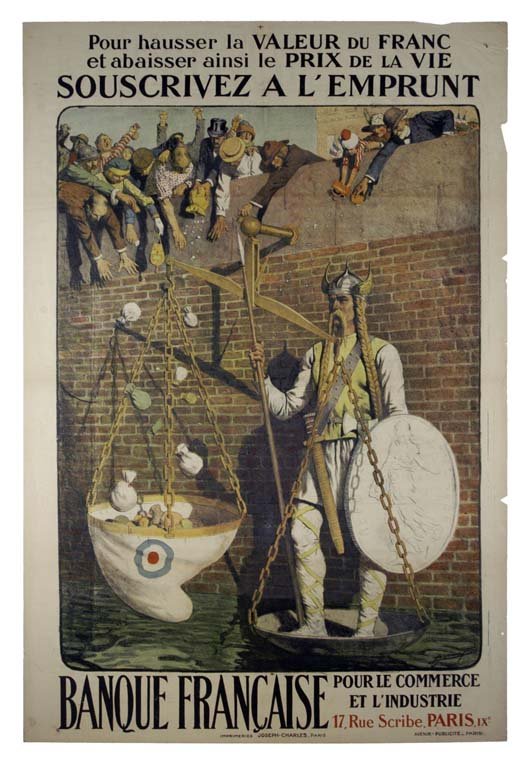 Banque Francaise: Lucien Jonas 47"x31.5" France BT, ST-R, Holes punched small triangle trims on right edge. Col. McCrahon Poster Collection Condition Guide BT- Borders Trimmed C- Creased