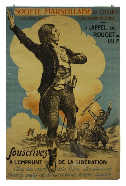 Societe Marseillaise: Jacques Carlu 45"x29" France BT,LB,PC Col. McCrahon Poster Collection Condition Guide BT- Borders Trimmed C- Creased F- Faded Color OF- Or