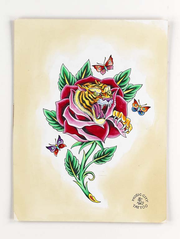 Laura Saadati: Mixed media on board. 16X12. Initialed. Laura Saadati In Chico, California, a young Laura Saadati lived in a community that never exposed her to tattoos; instead, her earliest artistic inspirations ca