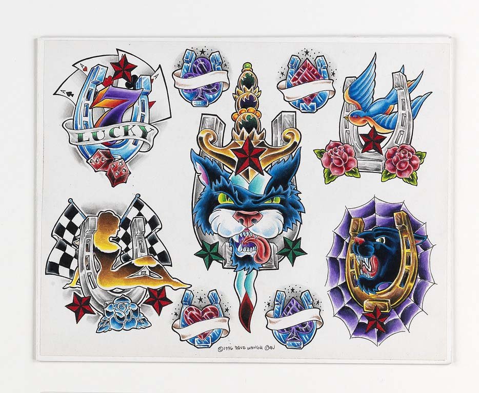 Dave Waugh (4): Mixed media on paper. 10X13, 10X13, 11X13, 11X17. Signed. Dave Waugh (4) Dave Waugh has been a leading tattoo artist for over 20 years, spending much of his career at Jinx Proof in Washington, D.C. In