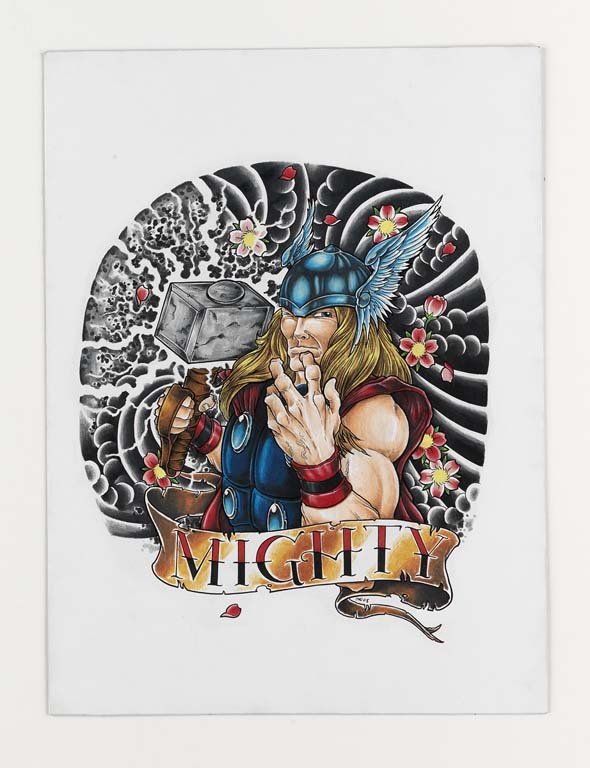 Dave Waugh: Mixed media on board. 15X13. Initialed. Dave Waugh Dave Waugh has been a leading tattoo artist for over 20 years, spending much of his career at Jinx Proof in Washington, D.C. In addition to tattooing