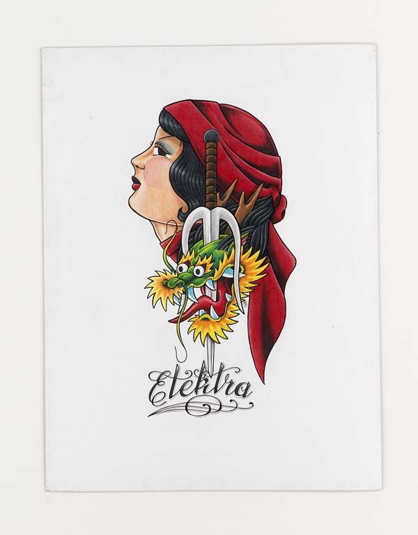 Dave Waugh: Mixed media on board. 15X8. Initialed. Dave Waugh Dave Waugh has been a leading tattoo artist for over 20 years, spending much of his career at Jinx Proof in Washington, D.C. In addition to tattooing,