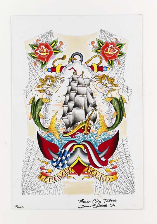 Laura Saadati: Mixed media on board. 28x18. Signed. Laura Saadati In Chico, California, a young Laura Saadati lived in a community that never exposed her to tattoos; instead, her earliest artistic inspirations came 